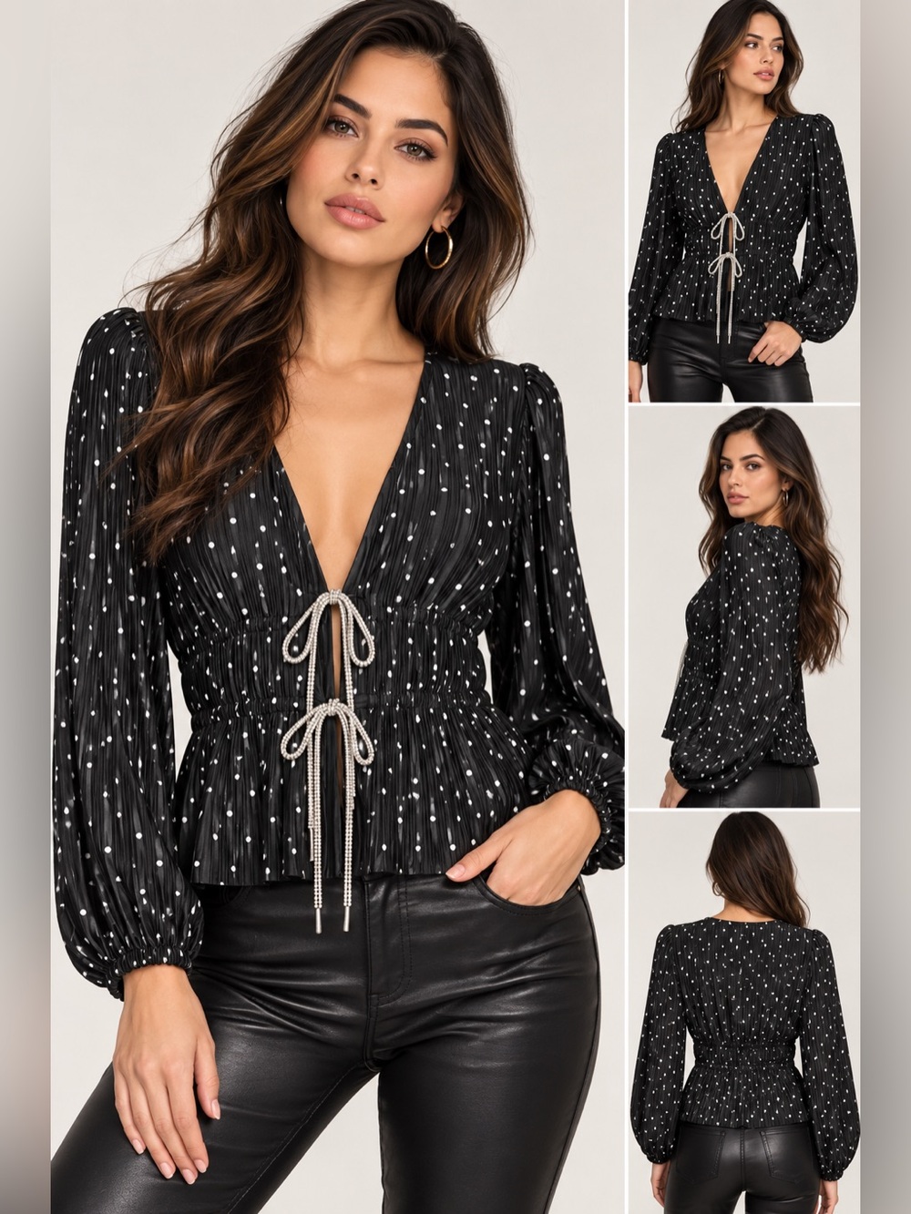 WAYF Payton Tie Front Blouse Black Polka Dot Pleated Long Sleeve Size M